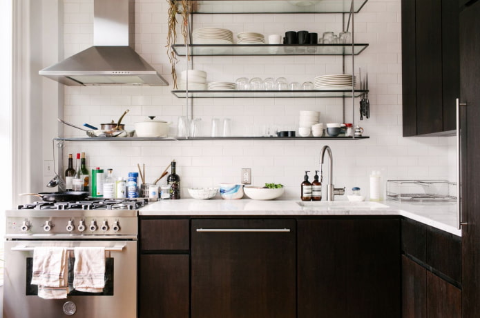 glass shelves in the kitchen interior