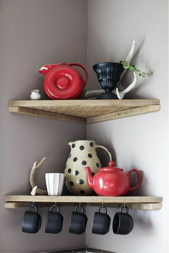shelves in the corner of the kitchen interior