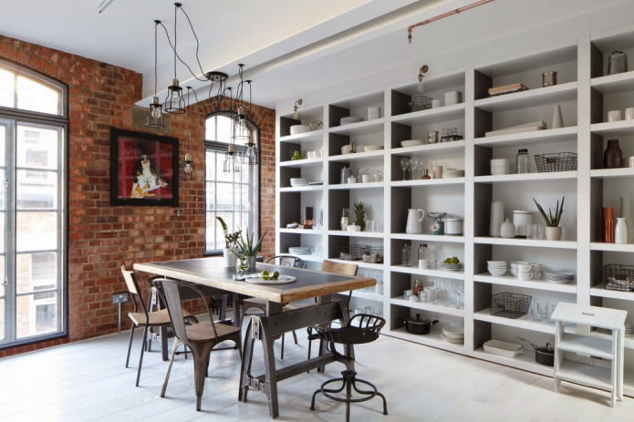 shelves to the ceiling in the kitchen interior
