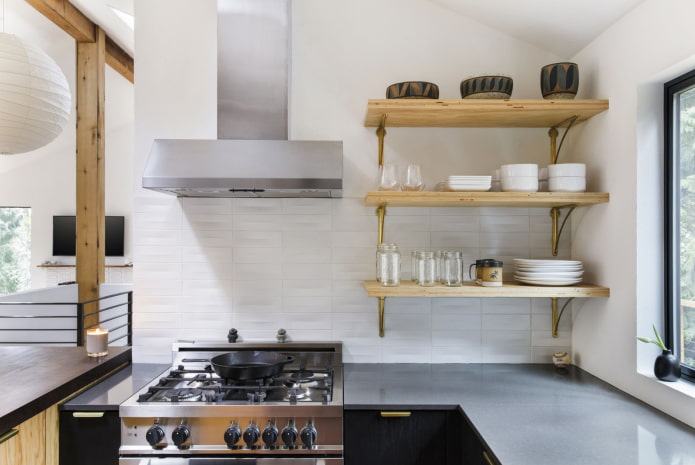 shelves for dishes in the kitchen interior