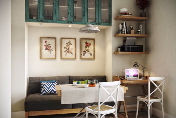 shelves above the sofa in the kitchen interior