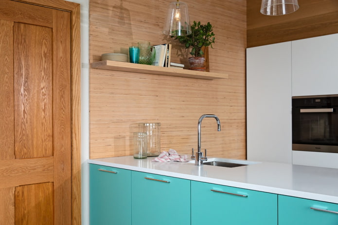 shelf on a free wall in the kitchen interior