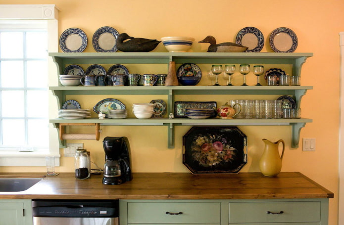 shelves in the kitchen interior in country style
