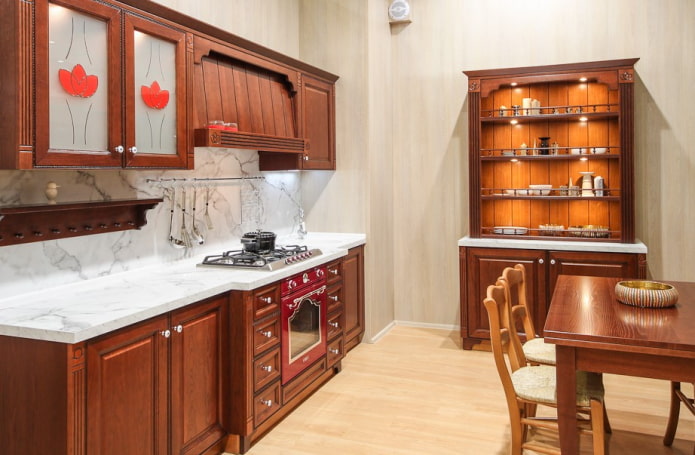 shelves in the kitchen interior in classic style