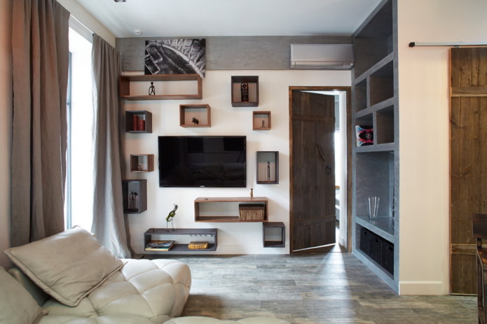 square wall shelves in the interior
