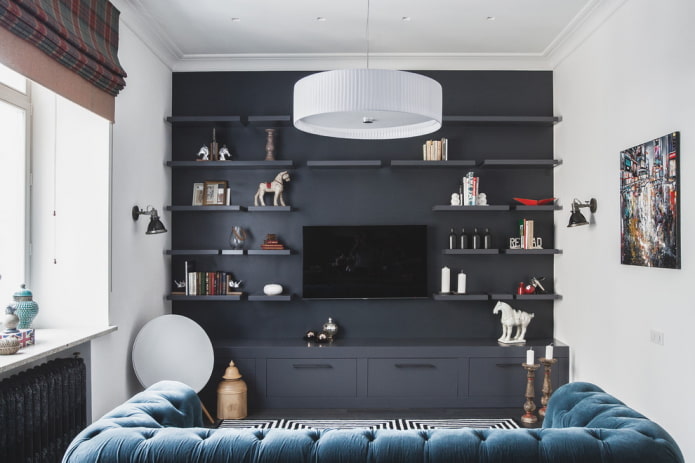 wall shelves in the living room interior