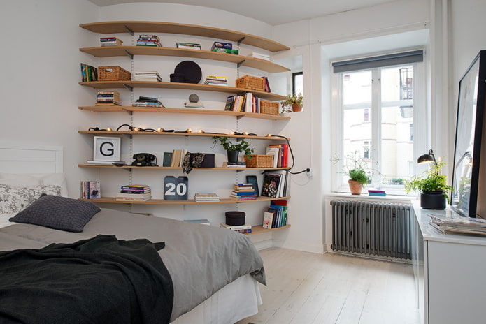 wall shelves in the interior in Scandinavian style