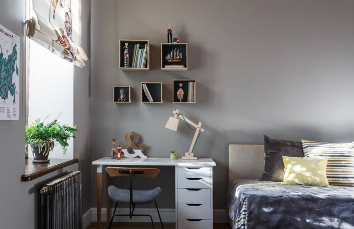 square wall shelves in the interior