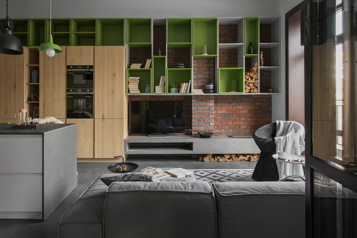 wall shelves in the interior in the loft style