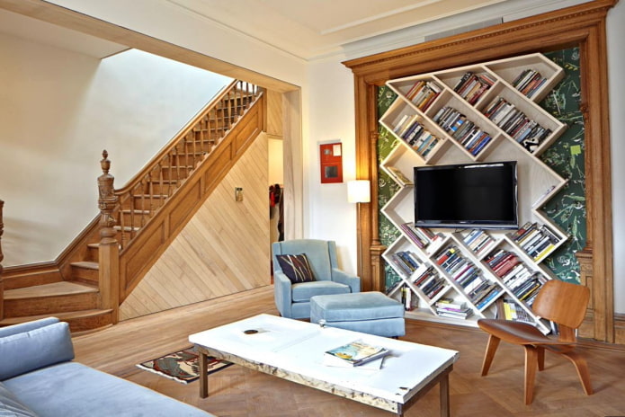 wall shelves in the living room interior
