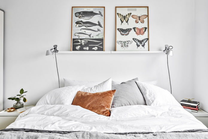 shelves for pictures above the bed in the interior