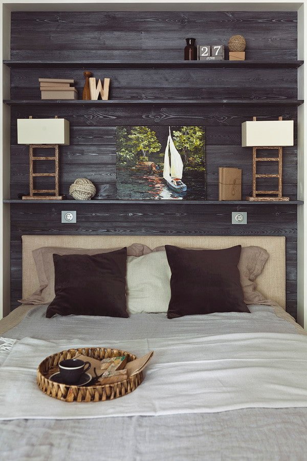 shelves above the bed in the interior