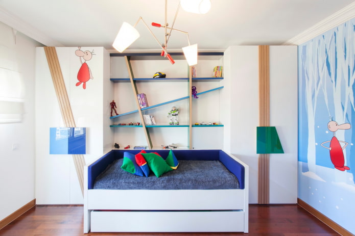 shelves above the bed in the interior of the children's room