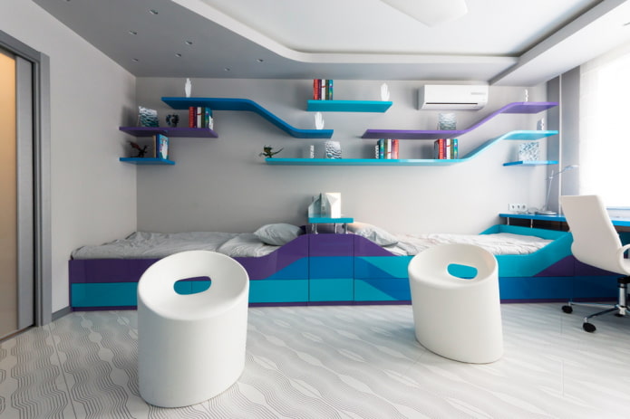 plastic shelves above the bed in the interior