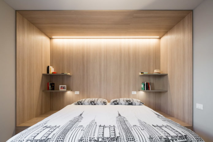shelves in the corner of the bed in the interior