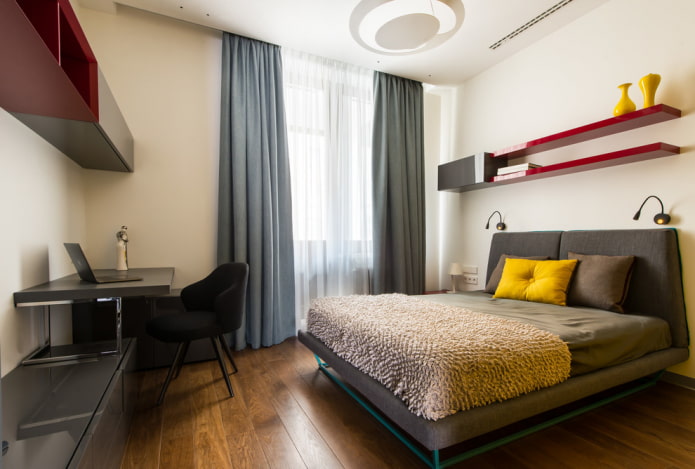 hanging shelves above the bed in the interior