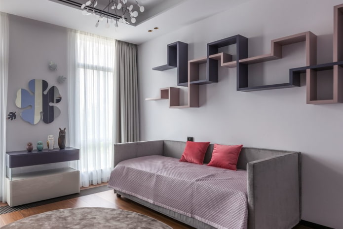 shelves above the bed in the interior of a children's room