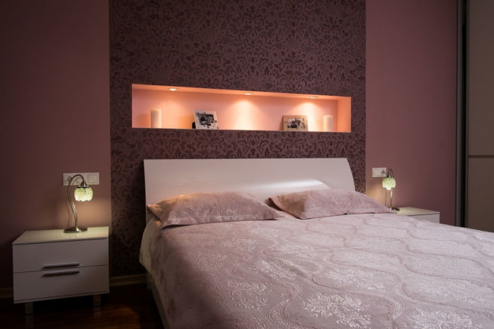shelves above the bed in the bedroom interior