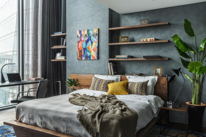 wooden shelves above the bed in the interior