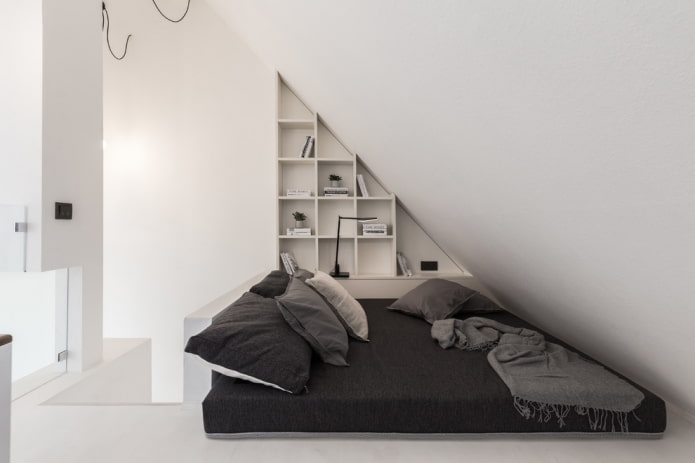 shelves above the bed in a minimalist style