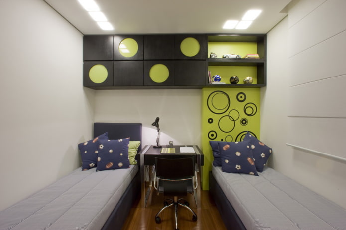 combined shelves above the bed in the interior
