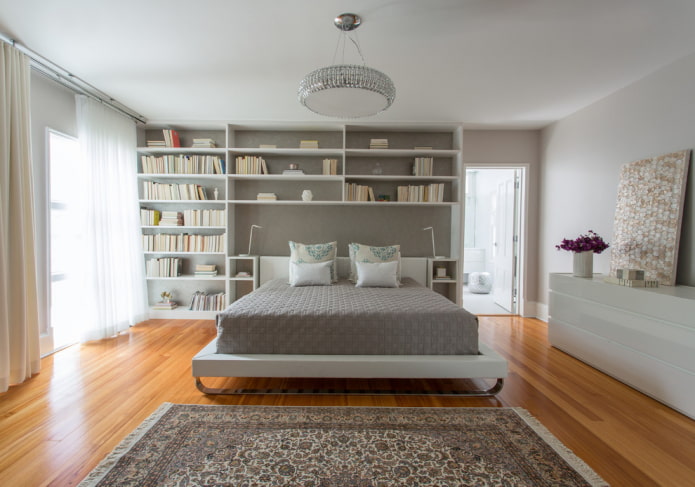 shelves above the bed in a modern style