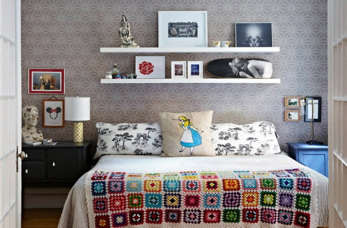 shelves above the bed in the interior