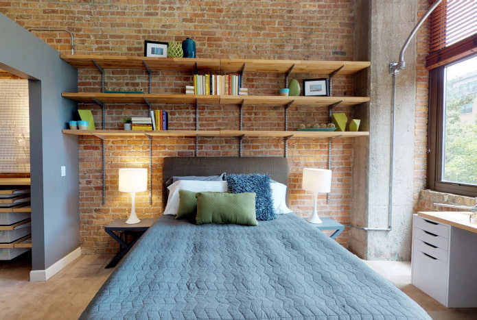 shelves above the bed in a loft style