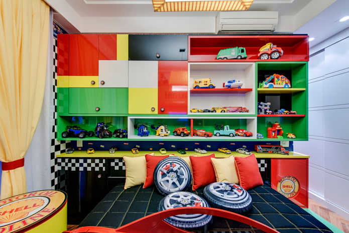 shelves above the bed in the interior of the children's room
