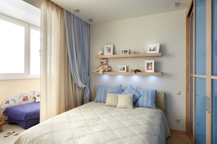 shelves for photos above the bed in the interior