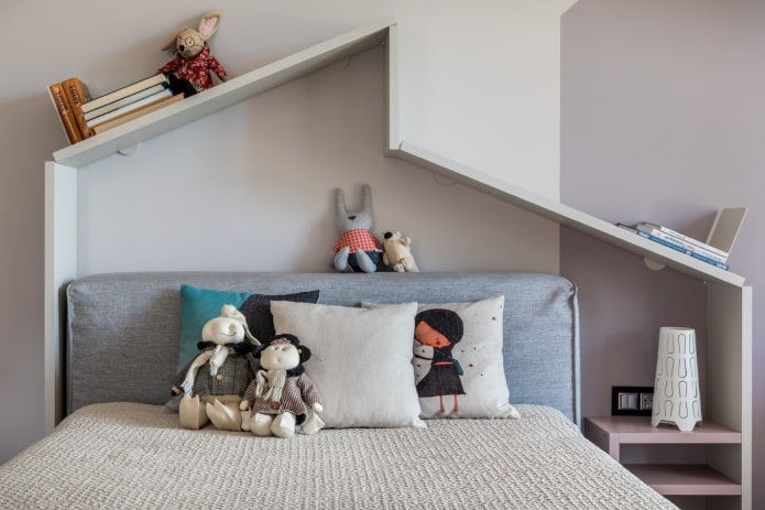 shelves above the bed in the interior of the children's room