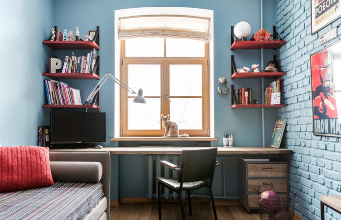 shelves by the window in the interior of the nursery