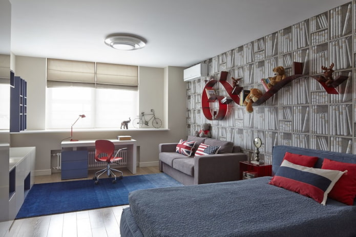 shelves in the interior of a boy's nursery