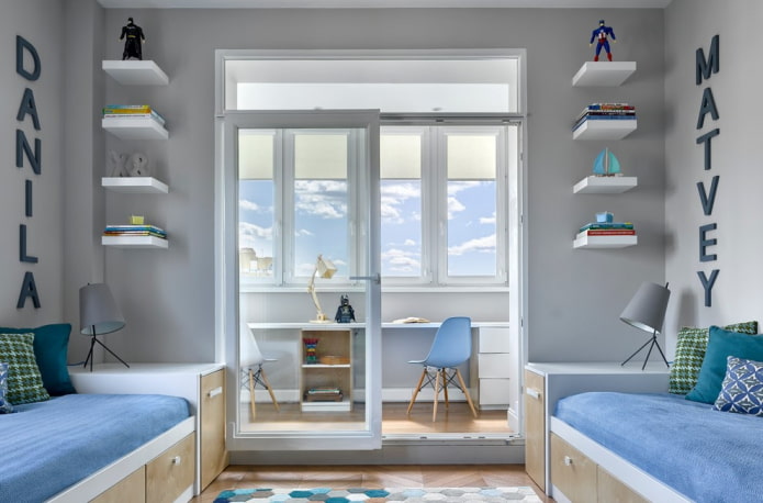 shelves by the window in the interior of the nursery