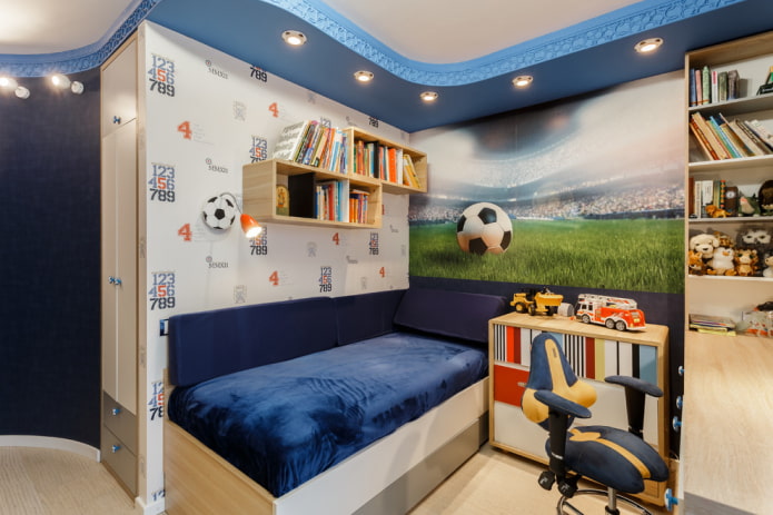 wooden shelves in the interior of a children's room