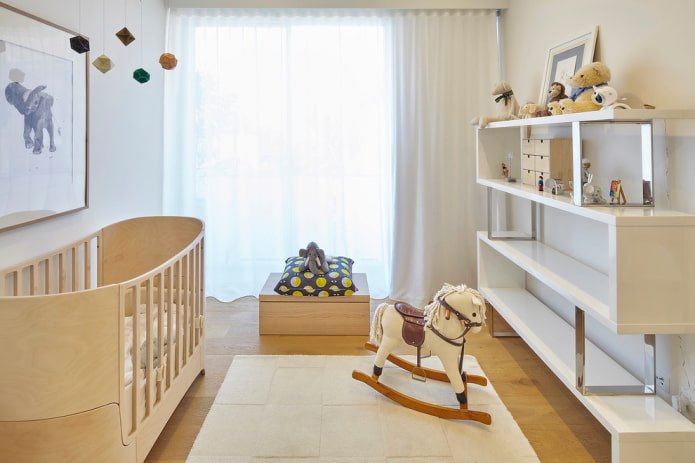 floor shelves in the interior of a children's room