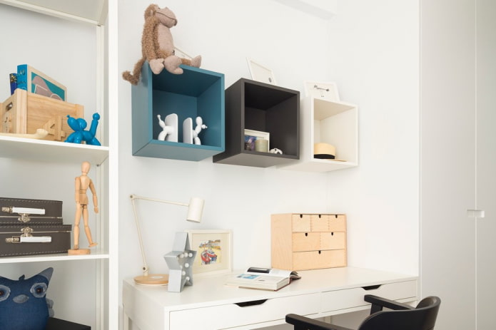 square shelves in the interior of the children's room