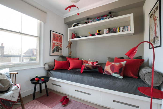 shelves in the interior of a boy's nursery