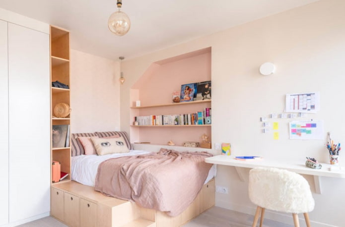 built-in shelves in the interior of a children's room