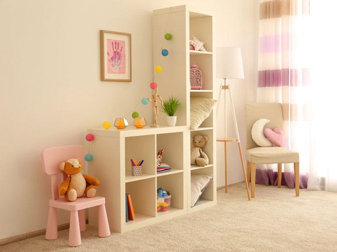 shelves in the interior of a girl's nursery