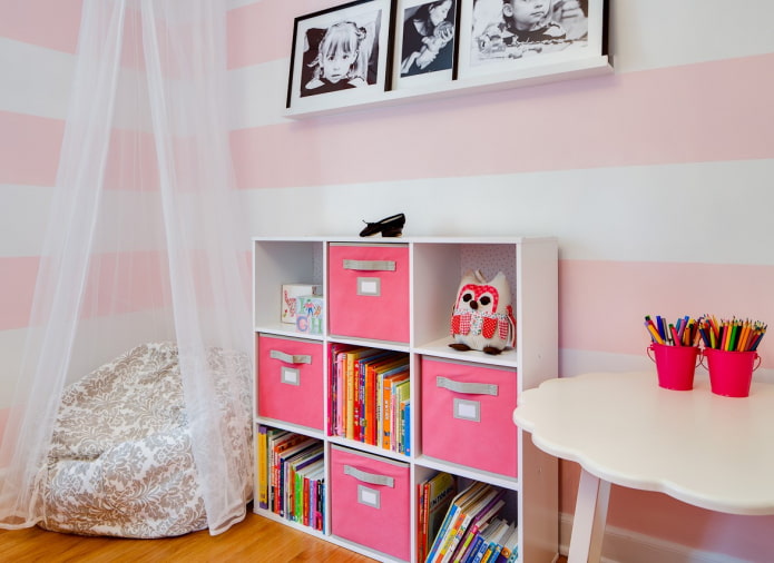 shelves in the interior of a girl's nursery