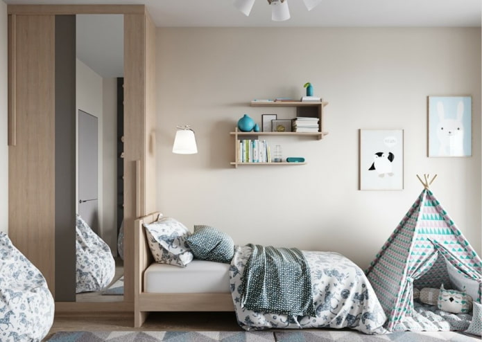 shelves above the bed in the interior of the children's room