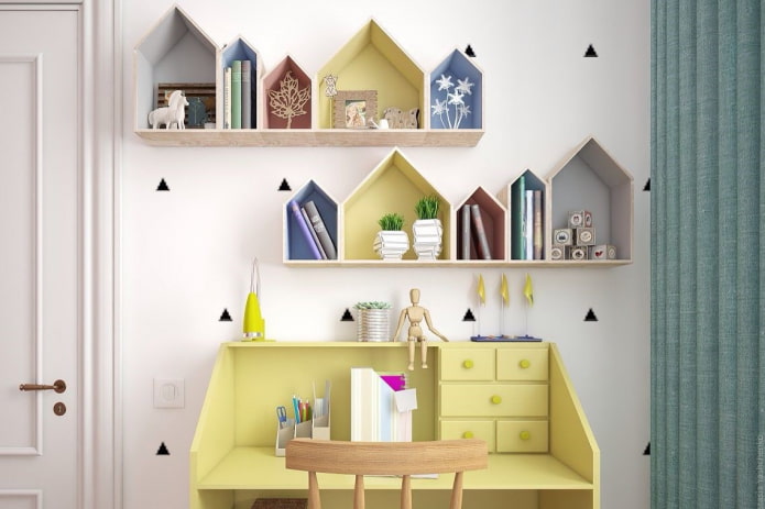 shelves above the table in the interior of the children's room
