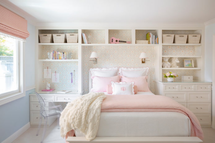 shelves in the interior of a girl's nursery