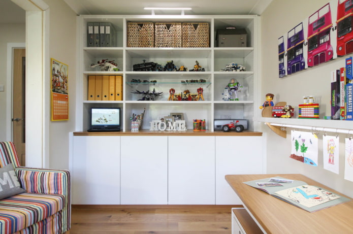 combined shelves in the interior of the nursery