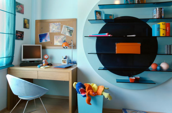 glass shelves in the interior of a children's room