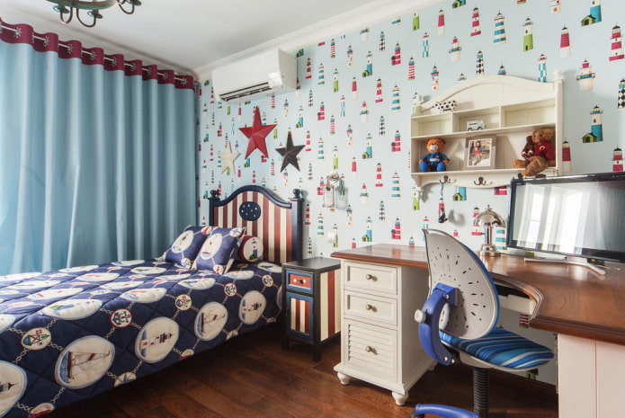 shelves in the children's room in a nautical style