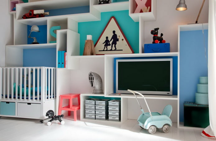 shelf for TV in the interior of a child's room