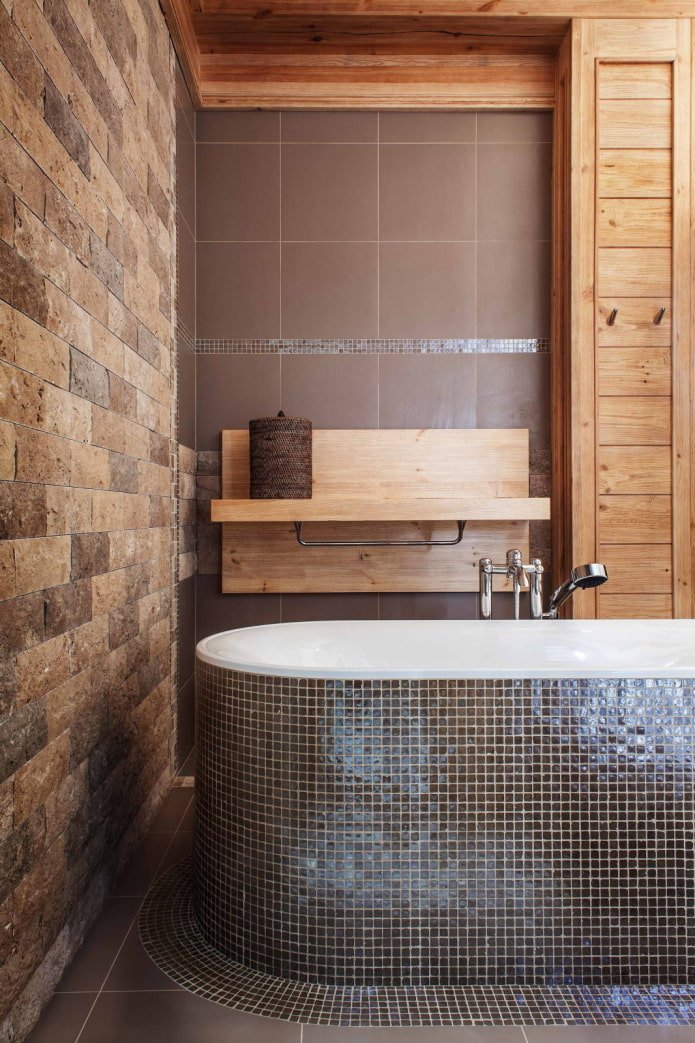 Shelf above a round bathtub