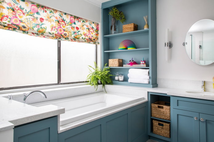 Shelves above the narrow part of the bathtub